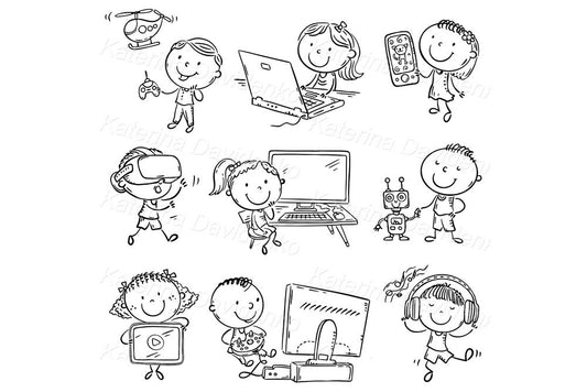 Hand drawn cartoon kids using electronic devices, outline children clipart