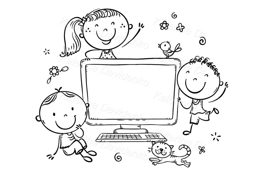 Kids with Computer Clipart – Cute Educational PNG for Websites & eLearning