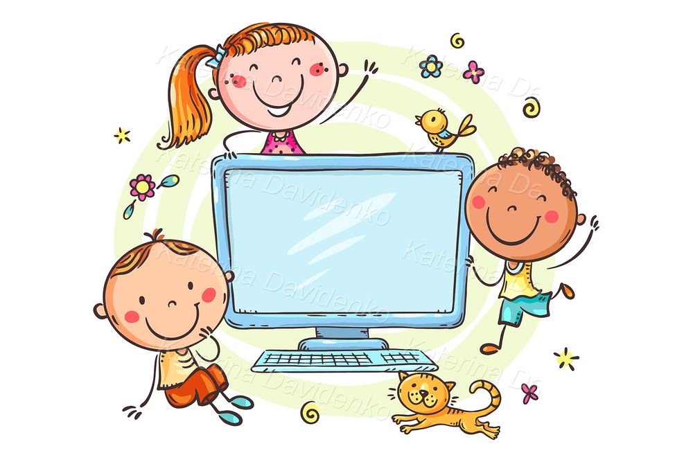 Happy cartoon kids and computer, technology clipart
