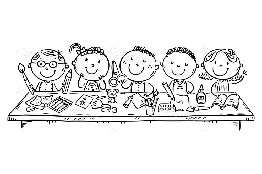 kids crafting at the table, creative schoolkids outline illustration