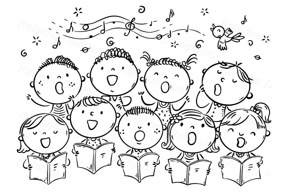children choir. Cartoon children singing song clipart