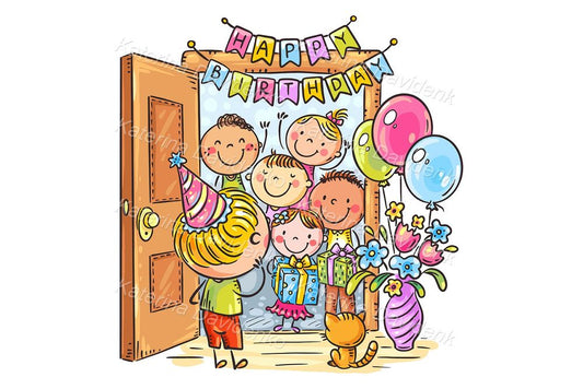 Cartoon kids birthday party illustration. Greeting card