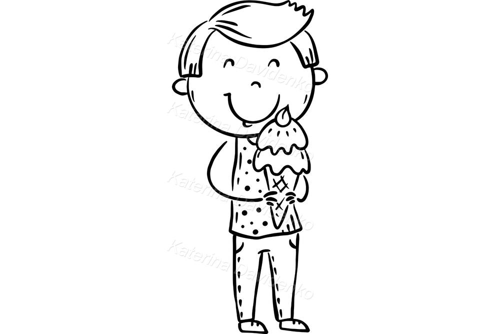 Family Eating Ice Cream Clipart – Cute Black and White Drawing