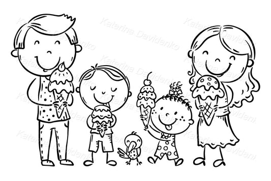 cartoon family eating ice cream clipart, black and white outline isolated characters