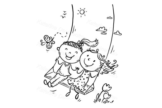 cartoon kids on a swing black and white clipart