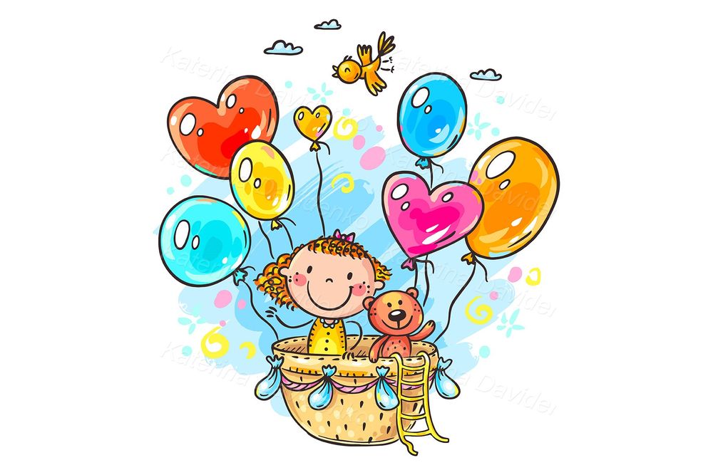 Cute girl flying on balloons clipart. Kids happy birthday greeting card