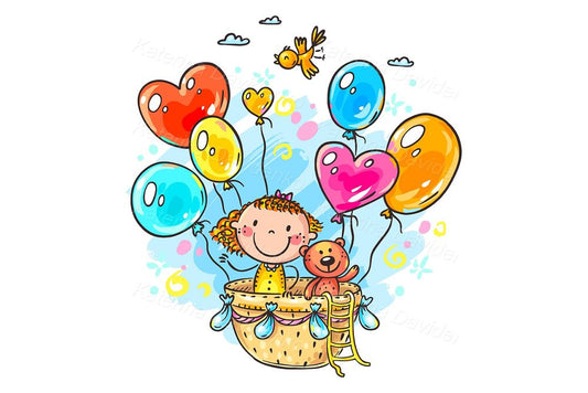 Cute girl flying on balloons clipart. Kids happy birthday greeting card