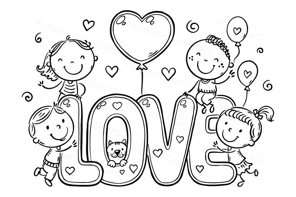 Children's day. Kids with LOVE Letters – Valentine’s Day Doodle Illustration