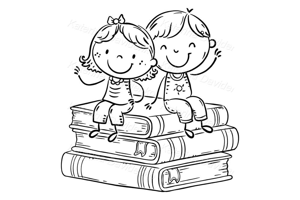 Kids Sitting on Books – Back to School Doodle Line Art