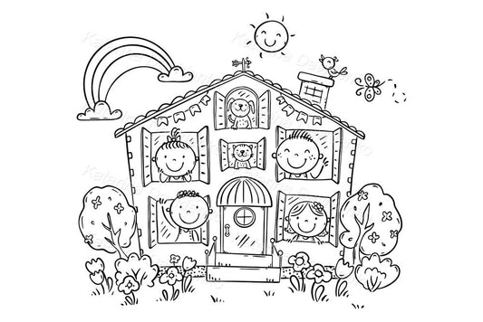 Kids in house coloring page clipart
