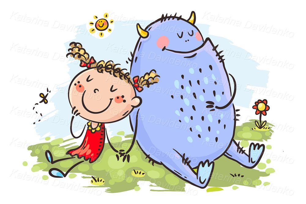 little girl and friendly monster illustration