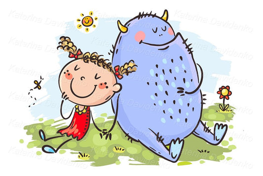 little girl and friendly monster illustration