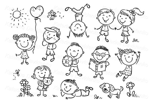 Line drawing happy kids clipart set. Black and white
