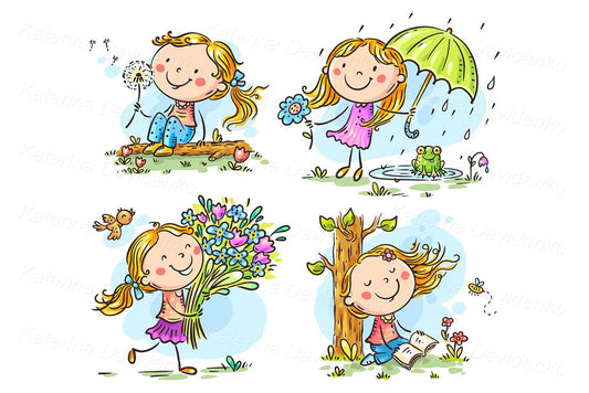 cartoon girl outdoors activities, vector illustration set