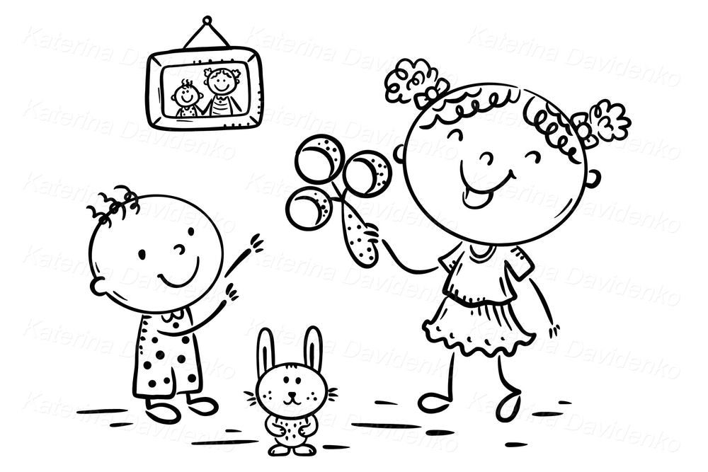 Toddler and Sister Clipart – Rattle, Toy Bunny & Cute Moment