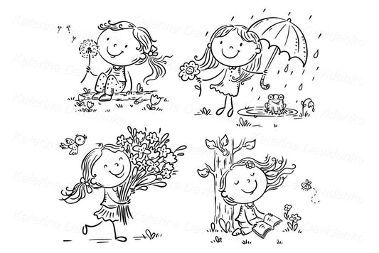 Set of outline illustration. Cute girl doing different outdoors activities