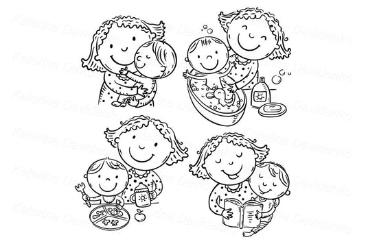 Outline illustration set of mom and baby activities