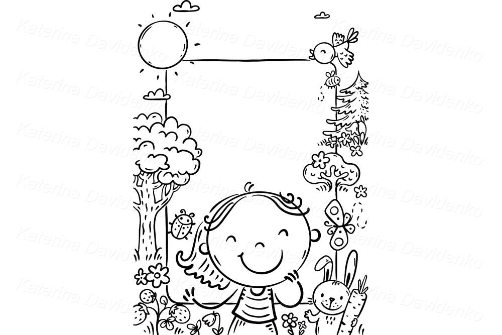 Happy Girl in Nature Clipart – Kids Vector Frame or Book Cover