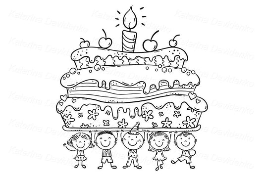 happy kids holding birthday cake clipart