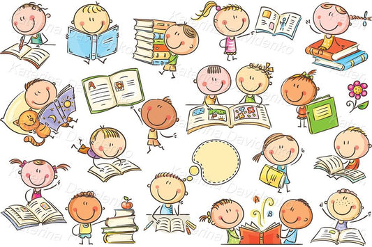 Kids reading books clipart set
