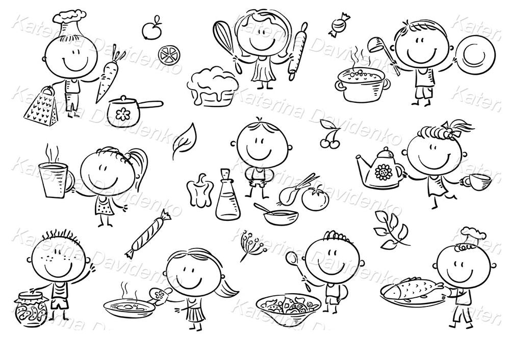 Doodle kids cooking image set, children clipart as printable PNG and SVG files