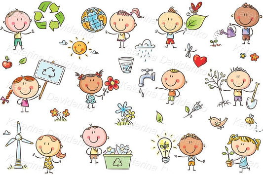 cartoon eco illustration set. Vector clipart with cute children