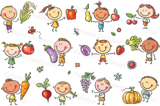 Doodle cartoon cute kids with fruits and vegetables. vector clipart set
