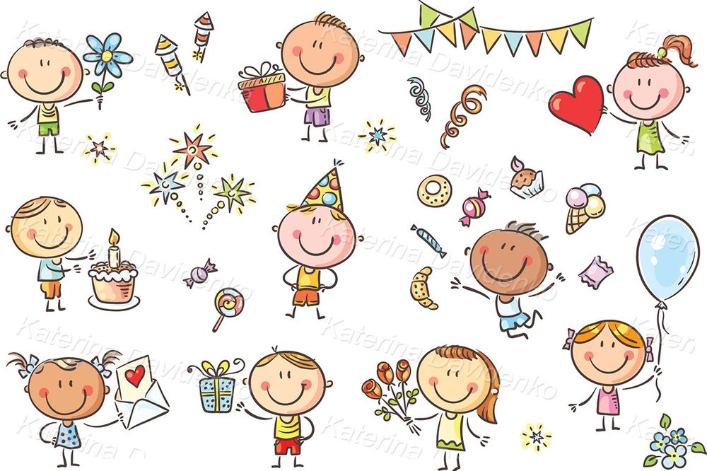 doodle kids birthday clipart set