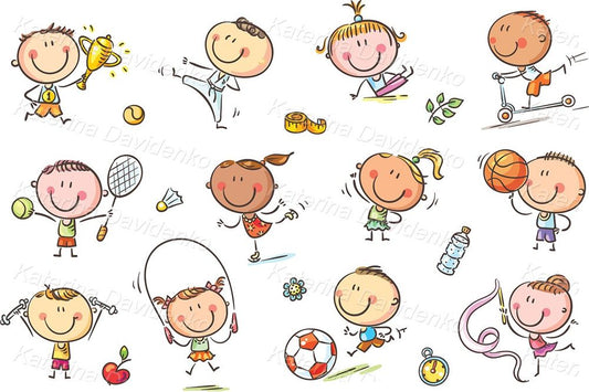 Doodle cartoon kids sport activities clipart set