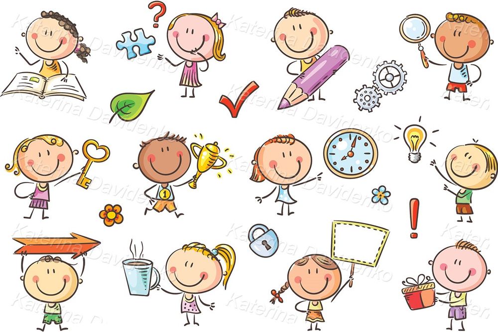 Cartoon doodle kids with symbols. Vector art illustration