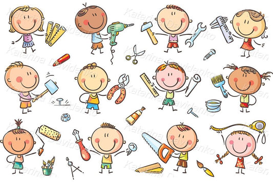 cartoon doodle kids with working tools vector illustration set
