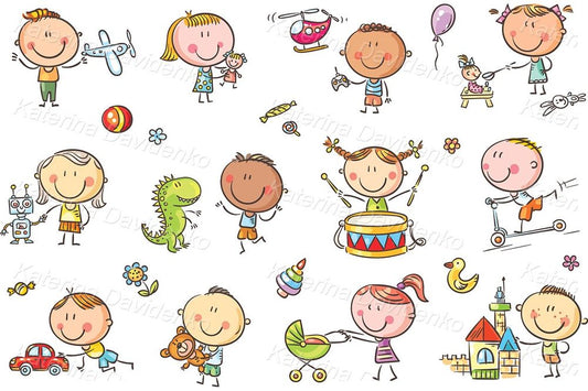 Child's drawing happy doodle kids playing with toys clipart set for download