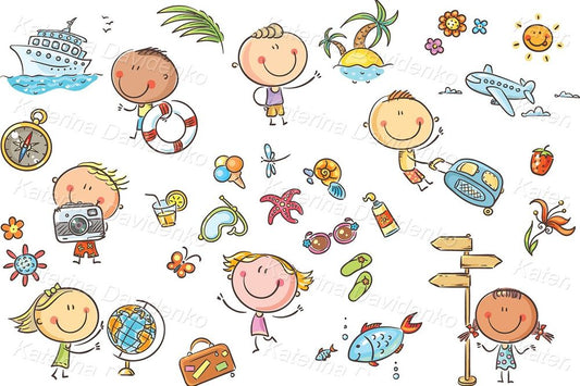 Cartoon funny kids, summer travelling clipart set