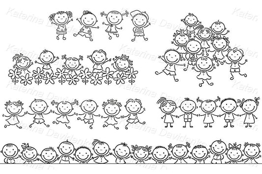 Stick kids clipart. Line art