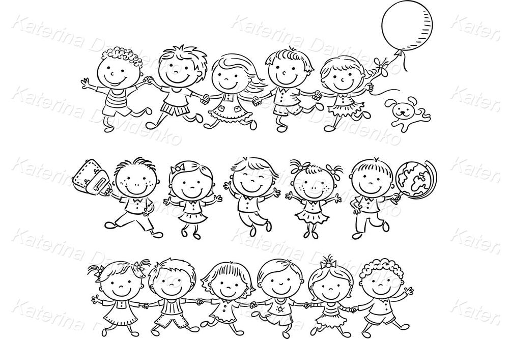 Happy Kids Holding Hands Clipart – Cute Doodle Line Art Vector