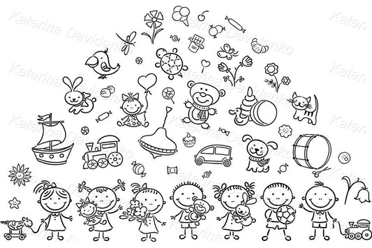 Stick figure outline. Kids and toys clipart set