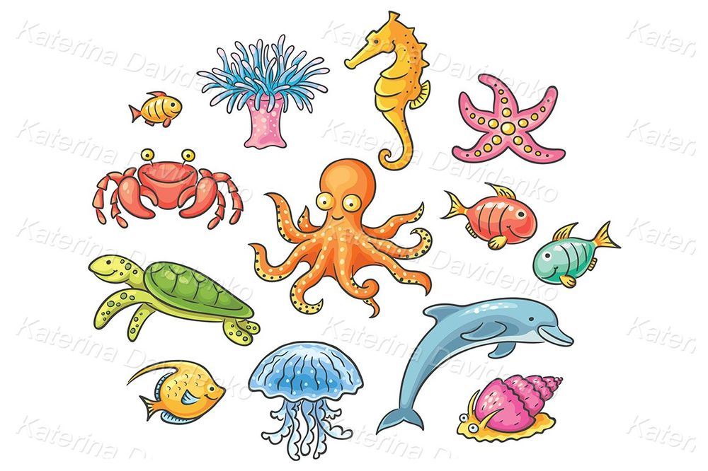 Set of cartoon sea animals cliparts