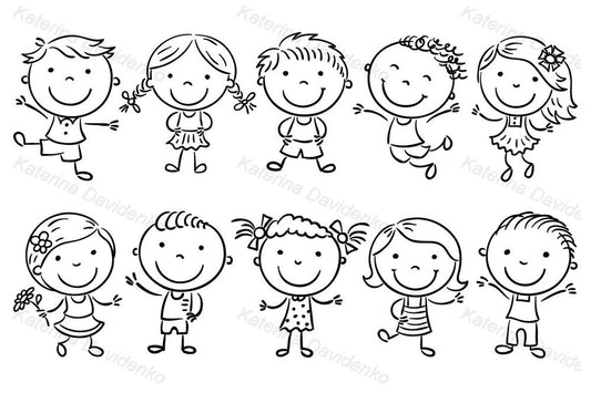 10 Cartoon kids, black and white clipart set