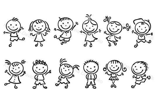 Stick kids dancing or jumping clipart, black and white