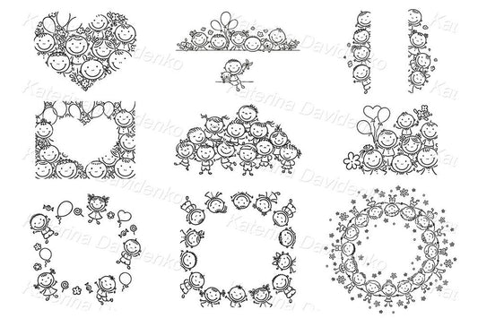 Kids frames and borders outline clipart set