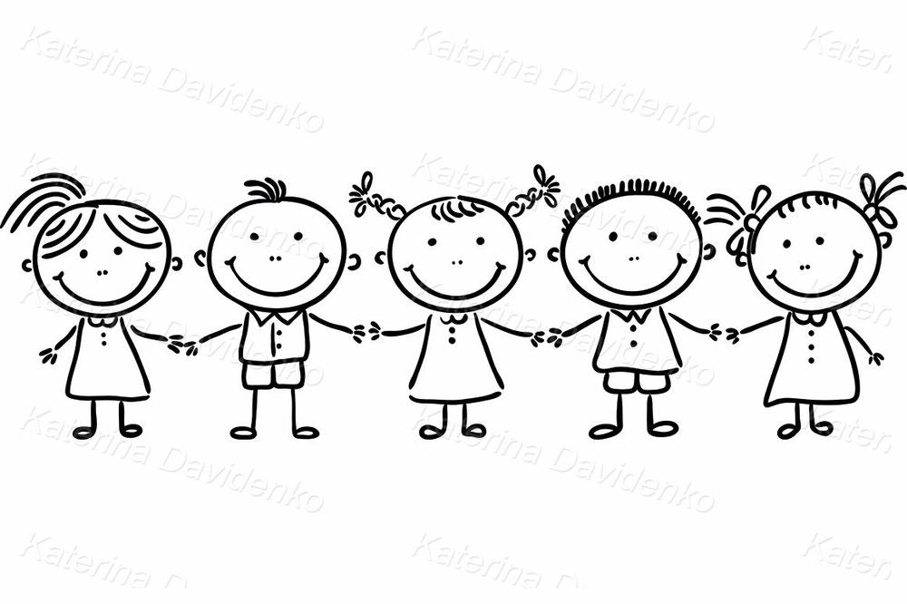 Little kids holding hands, black and white clipart
