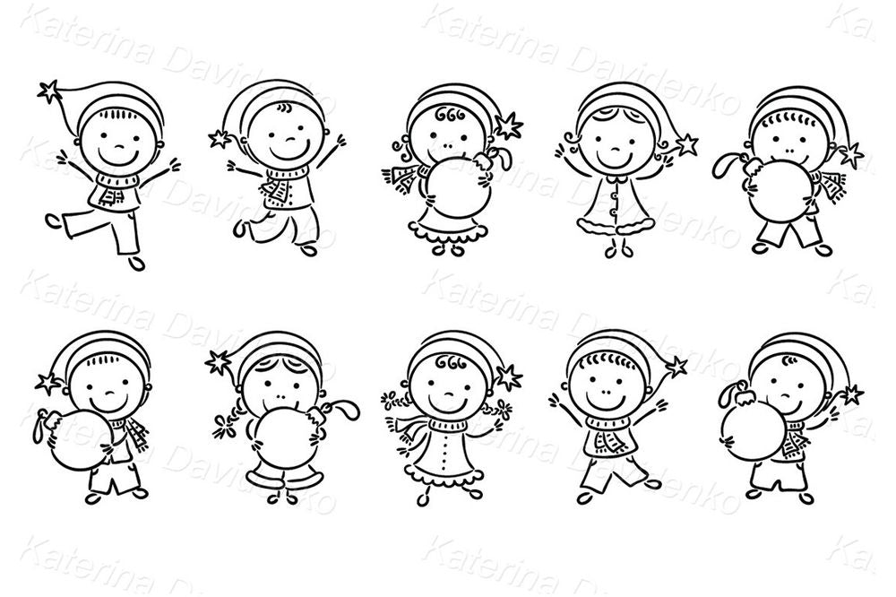 Christmas clipart set. Kids in Santa hats