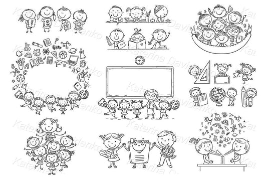 School clipart. Black and white illustrations