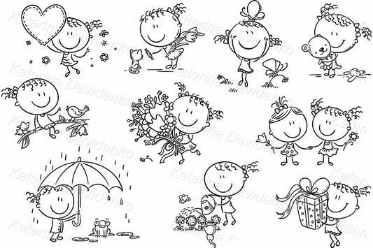 Happy little girl clipart set, black and white
