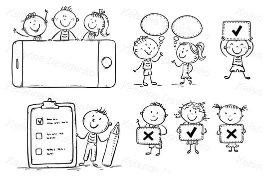 Kids with signs, speech bubbles, mobile phone clipart set