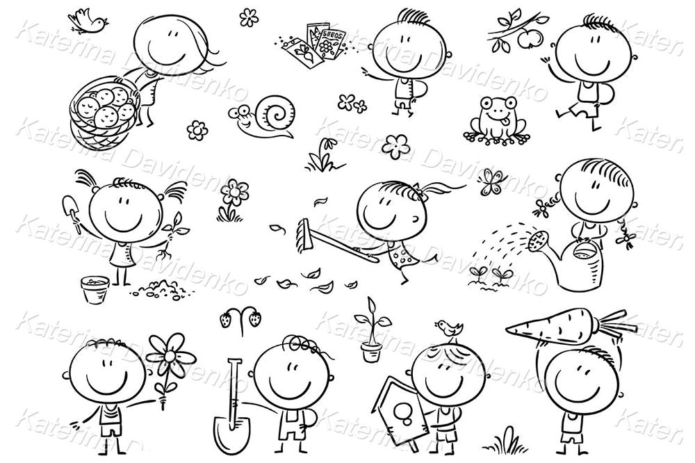 Kids Gardening Coloring Page – Harvest, Plants & Tools Line Art