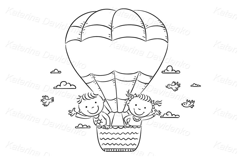 Kids in hot air balloon cartoon clipart for crafts & books