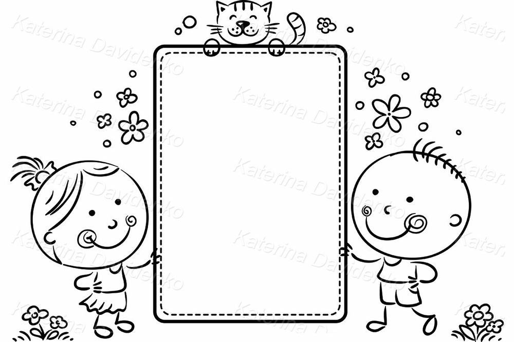 Kids with Blank Sign and Cat Clipart Frame with Copy Space