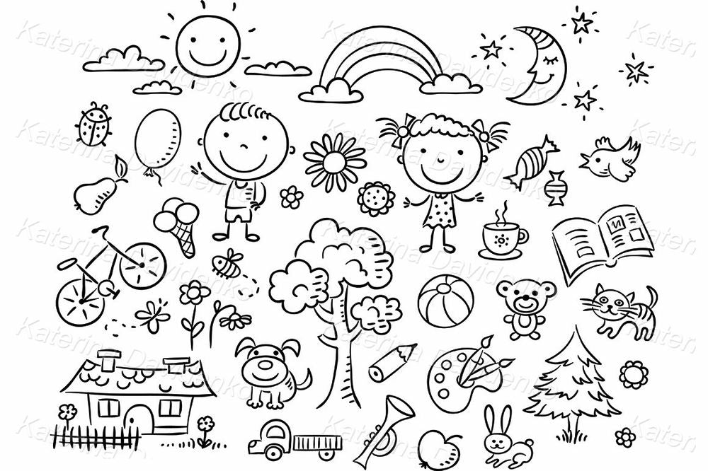 Colorful Doodle Kids Clipart Set with Toys and Nature