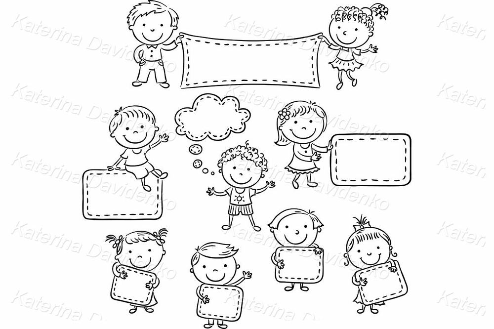 Kids with Speech Bubbles – School Labels and Frames Clipart Set